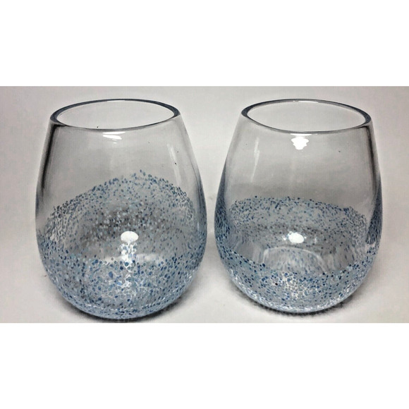 Pier 1 Imports Other - Set 2 Vintage Pier 1 Imports Hand Blown Blue White Confetti Stemless Wine Glass